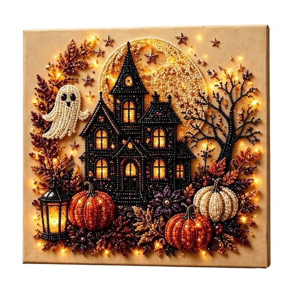 Kumdkd Halloween Ghost Castle Diamond Art Kit 8x8in, DIY Full Drill Rhinestone Painting with Frame, Spooky Wall Decor Craft Gift for Adults