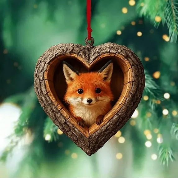 Kumdkd Heart-Shaped Animal Ornaments - Resin Wood Look Christmas Tree Decor, Realistic Wildlife Design, Red Ribbon Hanging, Perfect Gift