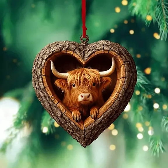 Kumdkd Heart-Shaped Animal Ornaments - Resin Wood Look Christmas Tree Decor, Realistic Wildlife Design, Red Ribbon Hanging, Perfect Gift‌