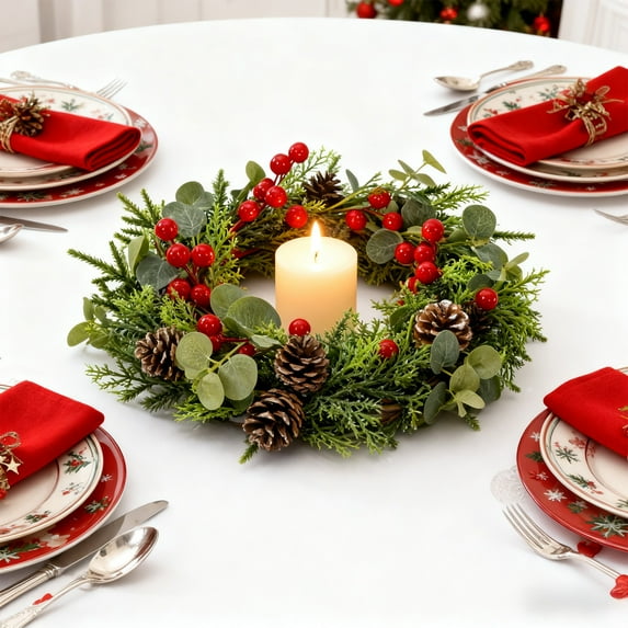 Kumdkd Hometravel Simulated Flower Candle Rings, Christmas Wreath Centerpiece Decor, Decorative Candle Holders for Dining Table Wedding Party