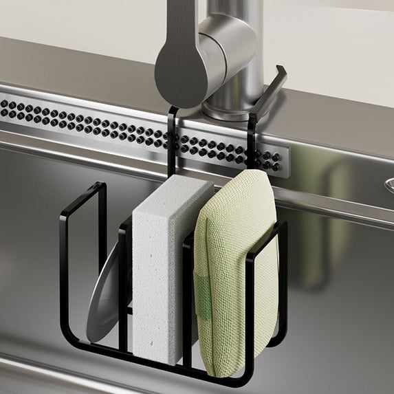 Kumdkd Japanese Style Over Sink Organizer Rack, 6.5x5.3x4.9in Drill-Free Sponge Holder, Drying Rack for Kitchen Sink, Hanging Storage for Towels, Cutting Boards, Dishwashing Supplies, Black