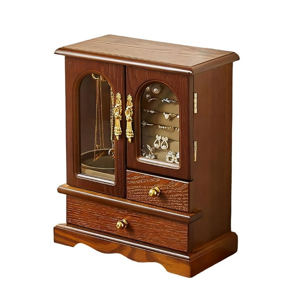 Kumdkd Kendal Wooden Jewelry Box for Women with Mirror - Solid Wood Jewelry Organizer with Rotating Necklace Hooks, 2 Drawers, Ring Slots, Gift for Her, Birthday, Christmas, Mother's Day, Anniversary