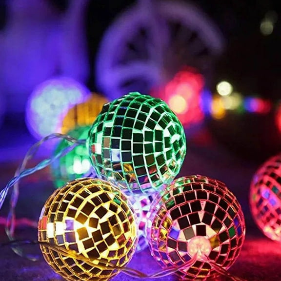 Kumdkd LED String Lights with Mirror Ball, Battery Powered Stage Reflection Lamp for Wedding DJ Party Decor, Indoor Outdoor Hanging Lights for Christmas Halloween Home Decoration
