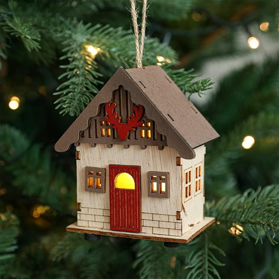 Kumdkd LED Wooden Christmas House Ornament - 4" Glowing Cabin Decor for Tree/Mantel/Village Display (Warm White Lights) - Rustic Farmhouse Holiday Decoration