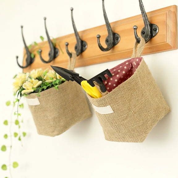 Kumdkd Linen Wall Mounted Storage Bag 5.5x4.9in, Foldable Hanging Organizer Basket for Bathroom Bedroom Kitchen, Natural Jute Decor Box for Keys, Cosmetics, Snacks
