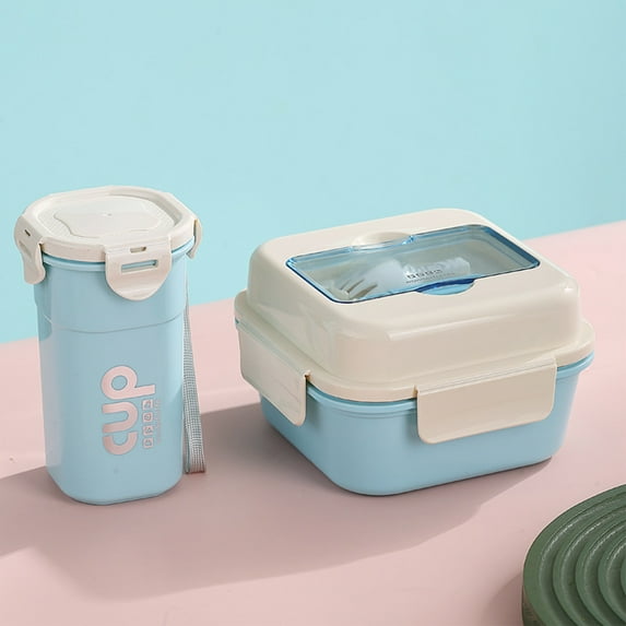 Kumdkd Lunchbox and Mug Set, 6.30x6.30x3.94in Bento Lunch Box with Leak Proof Compartments & Microwave Safe Mug, Blue Food Grade Plastic Meal Prep Container