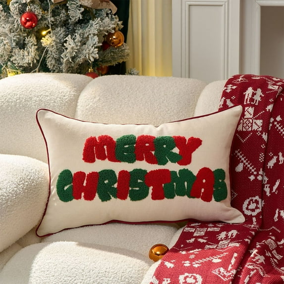 Kumdkd Merry Christmas Embroidered Pillow Cover - Red Snowflake Design, 30x50cm, Polyester Plush Fabric, Perfect for Sofa, Bed, or Living Room Decor, Machine Washable
