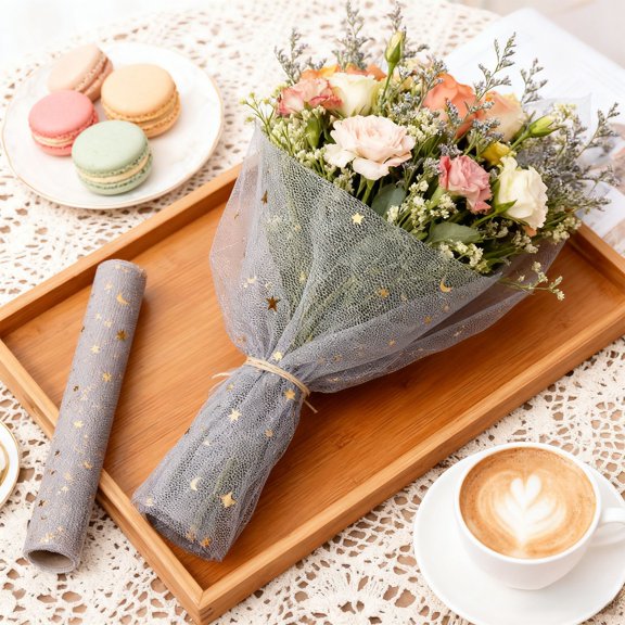 Kumdkd Mesh Fabric Gift Wrap Roll 5 Yards, Star Pattern Holiday Packaging Material for Christmas Birthday Present Wrapping, Decorative Scene Arrangement, Sequined Mesh Craft Ribbon, 18.9x179in