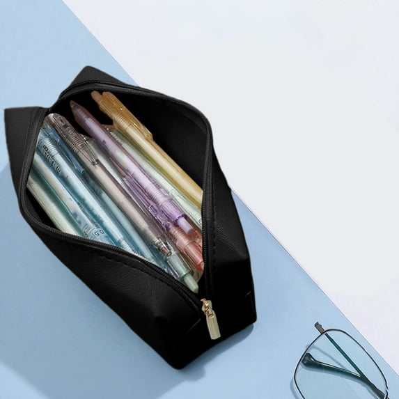 Kumdkd PU Leather Pencil Case, 7x1.97x1.57in Slim Large Capacity Pencil Pouch with Handles, Waterproof Pen & Makeup Bag for Office, Travel, Black