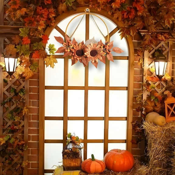 Kumdkd Painted Iron Wreath (11.42x9.65in) - Maple Leaf Pumpkin Wall Decor for Fall Wedding Bridesmaid Gifts | Rustic Door Hanging Year Round