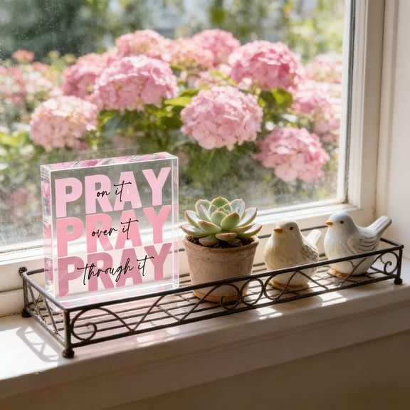Kumdkd Pray Over It Bible Verse Acrylic Desk Decor 4x4in, Inspirational Wall Art Sign for Women, Office, Dorm Room, Gift Idea with Blue Design