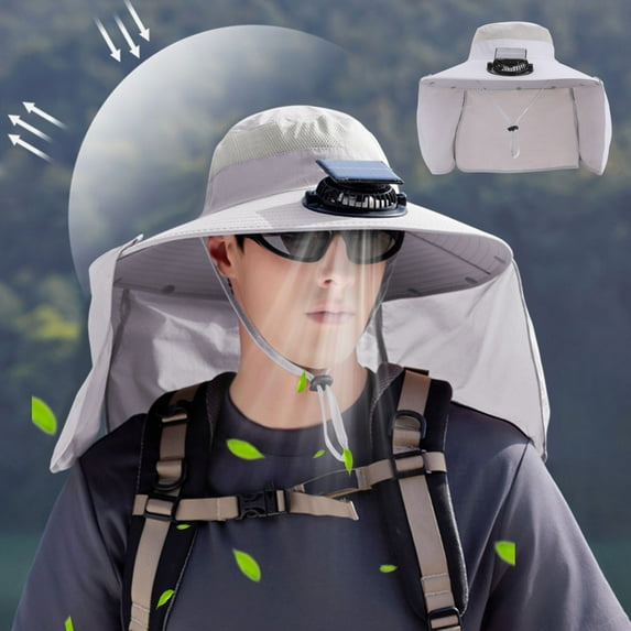 Kumdkd Rechargeable Solar Fan Hat with Neck Cover - Wide Brim Waterproof Sun Hat for Outdoor Fishing Hiking Gear