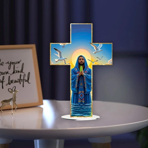 Kumdkd Religious Christmas Acrylic Standing Sign, Cross Angel Holiday Decor, 12x8 Inch 2D Desktop Ornament for Home Office, Festive Decoration for Easter, Valentine's Day, Father's Day Gift
