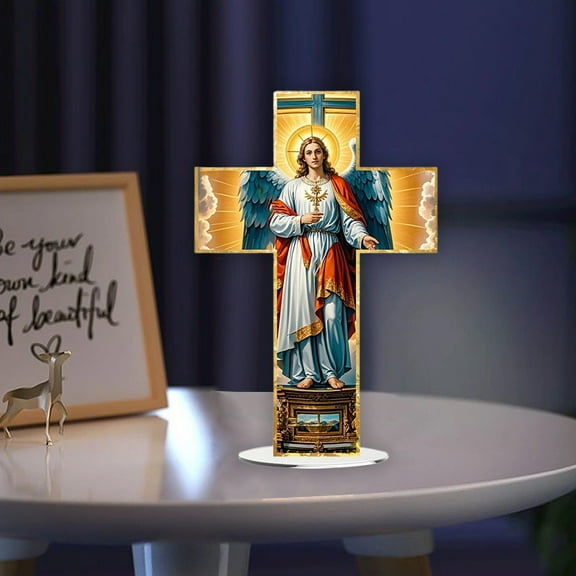 Kumdkd Religious Christmas Acrylic Standing Sign, Cross Angel Holiday Decor, 12x8 Inch 2D Desktop Ornament for Home Office, Festive Decoration for Easter, Valentine's Day, Mother's Day