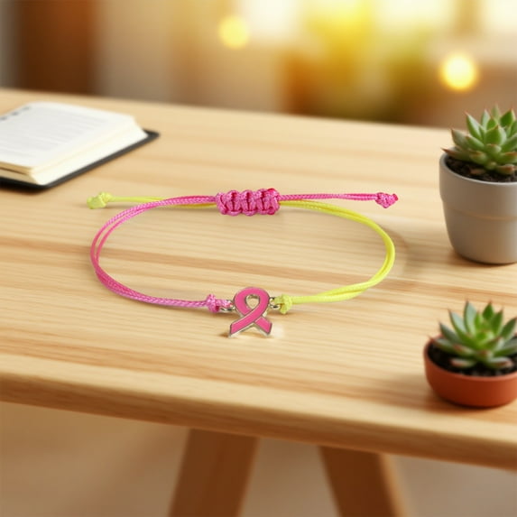 Kumdkd Ribbon Breast Cancer Awareness Bracelet - Adjustable Handmade Wristband for Women (Support Gifts, Health Awareness Day)