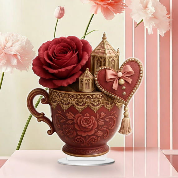 Kumdkd Romantic Acrylic Tea Cup Ornament with Heart Design, Valentine's Day Gift for Her, Decorative Cup Keepsake for Tabletop, 6in Longest Side