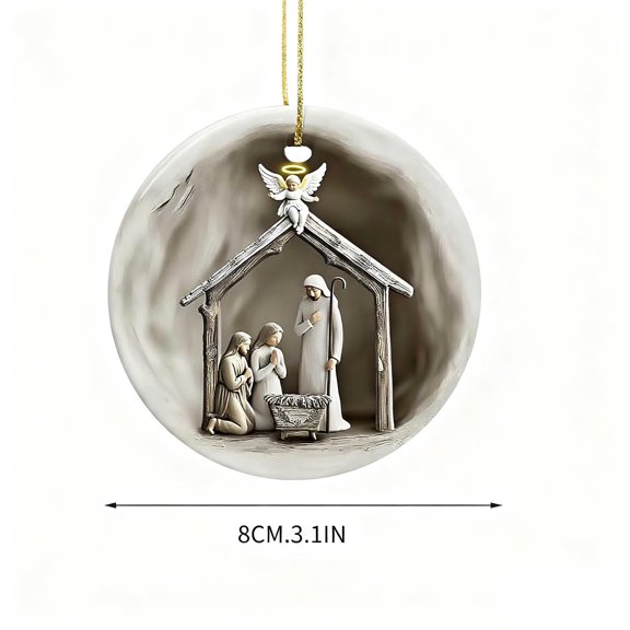 Kumdkd Round Acrylic Nativity Scene Ornaments, 8cm/3" Transparent Colored Religious Christmas Tree Decor, Engraved Hanging Pendants for Door, Window, Holiday Decorations, Christian Religious Gift