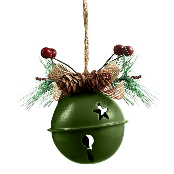 Kumdkd Rustic Green Round Christmas Bells, Glittered Jingle Bell, Hanging Holiday Decoration, 4.7 Inches