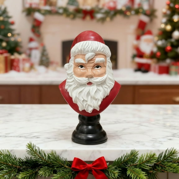 Kumdkd Santa Bust Desktop Decoration, 5.91in Resin Holiday Ornament with Classic Red Hat & Collar, Elegant Christmas Table Decor for Home, Office, Festive Shelf Display, Santa Claus Statue