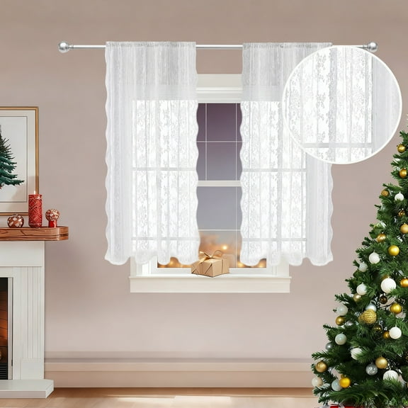 Kumdkd Sheer Lace Christmas Curtains for Living Room, Xmas Snowflake Embroidery Weave Sheer Curtains for Holiday Window Decoration, Rod Pocket Red Christmas Drapes, 2 Panels 59.05x39.37inch‌