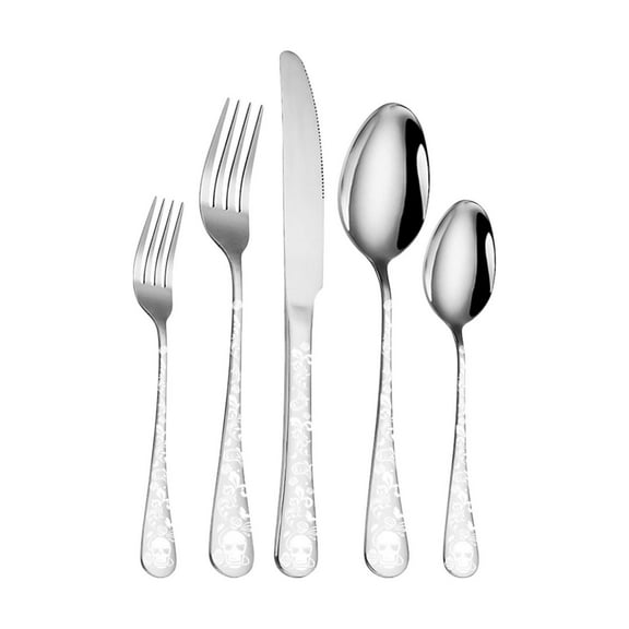 Kumdkd Skull Cutlery Set - 5 Piece Stainless Steel Gothic Flatware (Halloween Dinnerware/Alternative Tableware)
