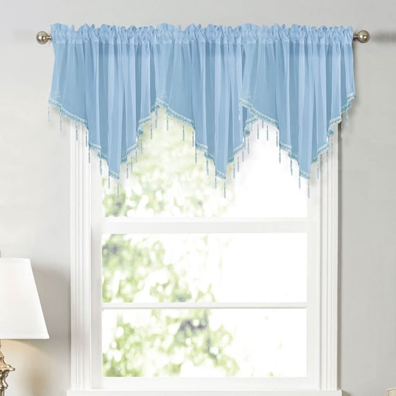 Kumdkd Sky Blue Sheer Beaded Valance Curtains for Kitchen Windows 3 Pieces, Rod Pocket Triangle Sheer Curtain Valances Boho Tassels Window Valances for Bedroom Bathroom, Each W51 x L24