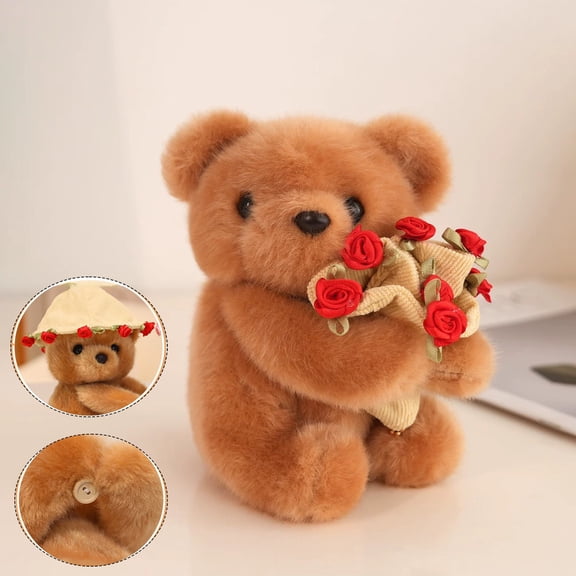 Kumdkd Snot Bear Embracing Rose Plush Toy, 14cm Soft Stuffed Animal Doll, Cute Hugging Bear with Flower, Gift for Kids, Birthday, Christmas, Home Decor
