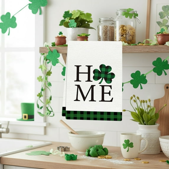 Kumdkd St. Patrick's Day Kitchen Towel, Set of 1 Lucky Green Clover Decorative Dish Towel 25.9x17.7ines, Super Soft & Absorbent Polyester Towel for Holiday Decor & Drying