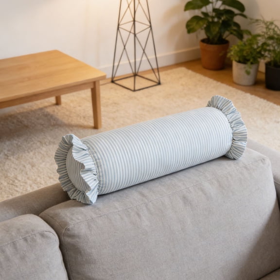 Kumdkd Striped Bolster Pillow 8x51in with Ruffled Edges, Cylindrical Neck Roll Support Pillow for Bed & Sofa, Decor Pillow for Sleeping, Lumbar Support & Relaxing
