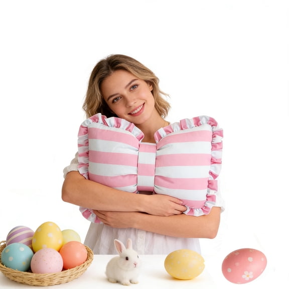 Kumdkd Striped Bow Decorative Pillow, 11.81x7.87in, Pink & White Easter Cushion with Ruffled Edge, Soft Plush Throw Pillow for Couch, Bed, Car Seat, Photo Prop, Gift