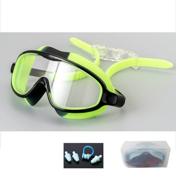 Kumdkd Swimming Goggles, HD Anti-Fog Large Frame Swim Goggles Mask Style with Nose Clip & Earplugs, No Nose Bridge, Adjustable Strap