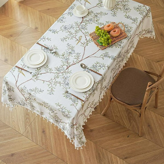 Kumdkd Tassel Floral Bird Print Tablecloth, 53x39in Rectangular Polyester Table Cover with Fringe, Dirt & Water Resistant Imitation Linen for Dining Table, Coffee Table Decor