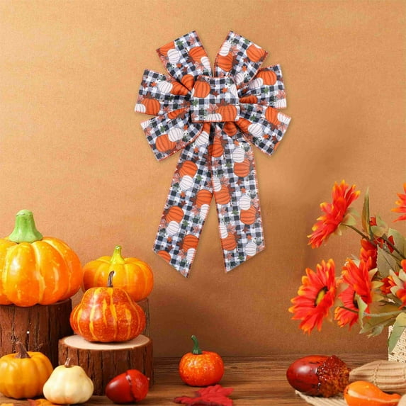 Kumdkd Thanksgiving Door Bow Decor – Extra Large 14" Satin Bowknot for Holiday Mantel/Wreath | Fall Harvest Home Decor with Pre-Tied Ribbon (Multicolor)