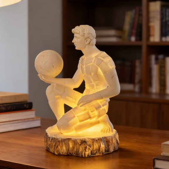 Kumdkd Thinker Statue LED Night Light, 5.51in White Resin Figure Sculpture with Globe, Artistic Desk Lamp for Living Room, Office, Bookshelf Decor