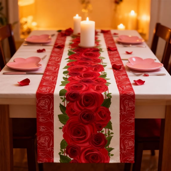 Kumdkd Valentine's Day Table Runner 70.87x12.99in, Heart Shape Red Rose Print Linen Tablecloth for Dining Table Restaurant Holiday Party Decor