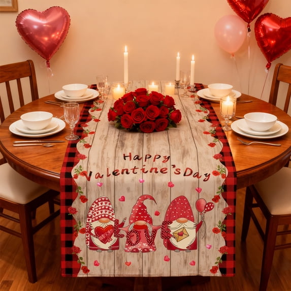 Kumdkd Valentine's Day Table Runner 70.87x12.99in, Heart Shape Red Rose Print Linen Tablecloth for Dining Table Restaurant Holiday Party Decor