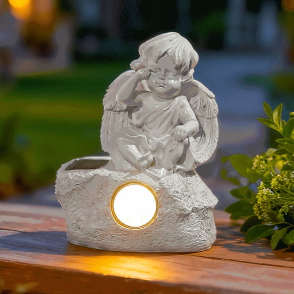 Kumdkd Vintage Solar Garden Sculpture, 4.72x3.34x6.29in, White Resin Courtyard Ornament with LED Solar Light, Weatherproof Outdoor Decor, Lawn & Patio Landscape Accent
