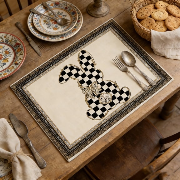 Kumdkd Watercolor Easter Placemat Set, 16.54x12.6in Floral Checkered Rabbit Table Mat, Spring Picnic Kitchen Table Decoration, Washable Polyester Easter Table Setting
