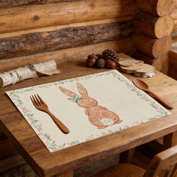 Kumdkd Watercolor Easter Placemat Set, 16.54x12.6in Floral Checkered Rabbit Table Mat, Spring Picnic Kitchen Table Decoration, Washable Polyester Easter Table Setting