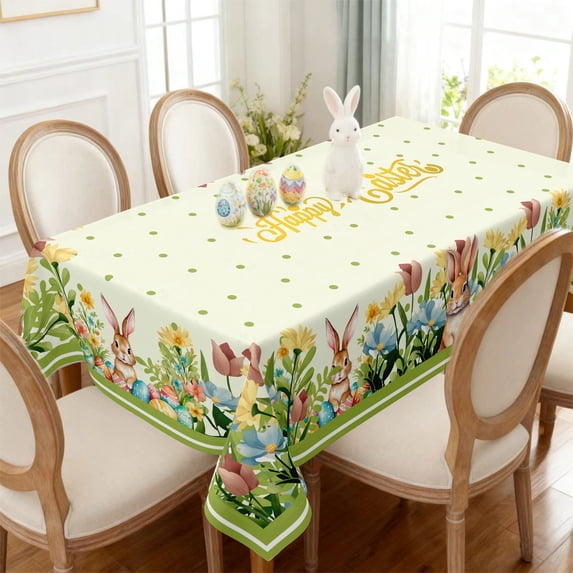 Kumdkd Waterproof Easter Tablecloth 55x70in, Cute Bunny Easter Eggs Floral Print Washable Polyester Table Cover for Indoor Outdoor Dining, Picnic, Party Decoration - All Season Holiday Decor