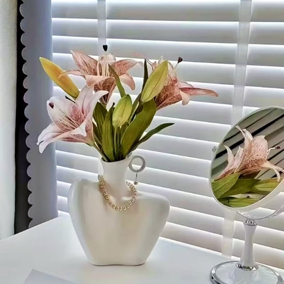 Kumdkd White Glazed Plastic Vase, 8in Modern Decorative Flower Pot for Dried or Fresh Stems, Small Tabletop Vase for Living Room, Bedroom, TV Cabinet Decor