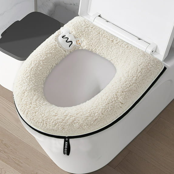 Kumdkd White Thickened Toilet Seat Cover with Handle, Winter Warm Waterproof Toilet Seat, Removable Soft Fabric Toilet Lid Cover for Cold Weather, Universal Fit for Most Toilets, Easy Clean