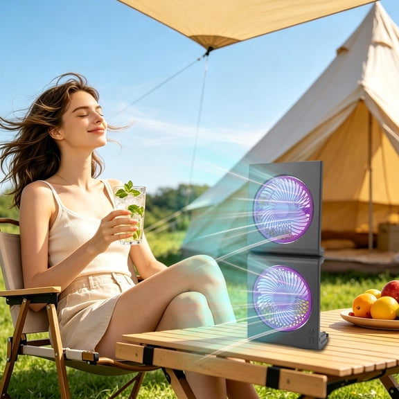 Kumdkdwn 15.75" Bifurcated Circulating Fan with Illumination - Foldable Dual-Head Air Mover, 3-Speed Rechargeable Unit for Horizontal Planes & Vertical Suspension
