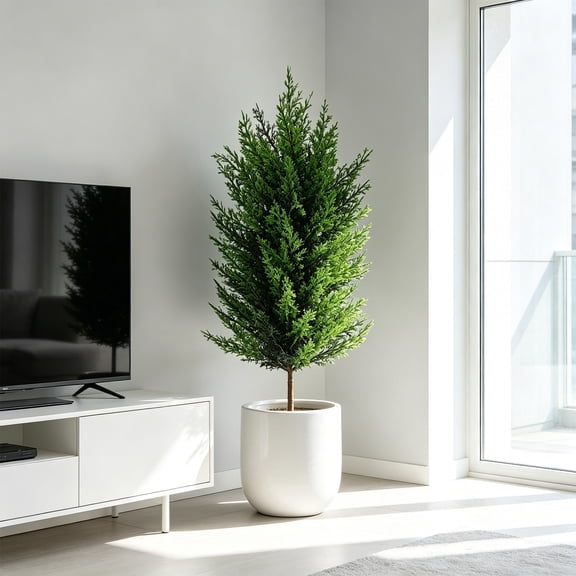 Kumdkdwn 26.3" Dualistic Faux Conifer Sentinels - Stabilized Polymeric Topiary Set with Cement-Weighted Planters, All-Season Phototropic Replicas for Vestibule Styling