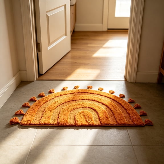 Kumdkdwn 31.5" Bohemian Arched Floor Mat - Tufted Cotton Ablution Rug with Reinforced Tassels, Semi-Circular Hydrophilic Accent for Vanity Areas