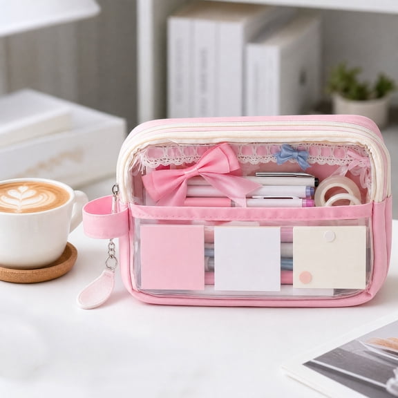 Kumdkdwn 8.66" Transparent Polymeric Pencil Case - High-Capacity Rectilinear Organizer with Reinforced Cloth Matrix, Portable Scholastic Supply Caddy