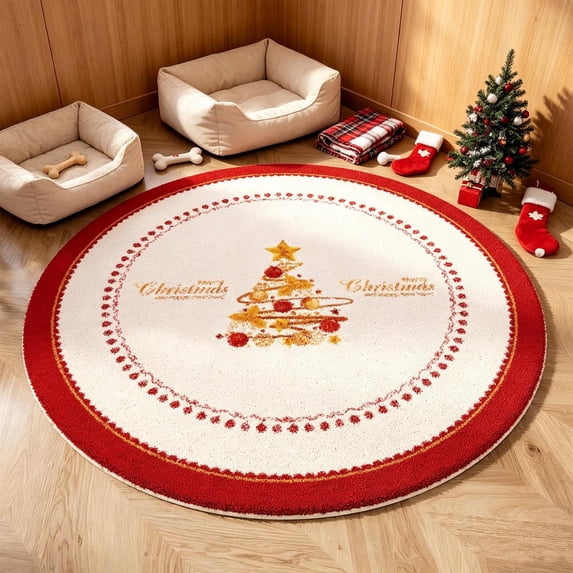 Kumdkdwn Christmas Round Rug Festive Holiday Area Mat with Santa, Snowflakes & Reindeer, Non-Slip Faux Fur Carpet for Living Room Bedroom Entryway Xmas Decor