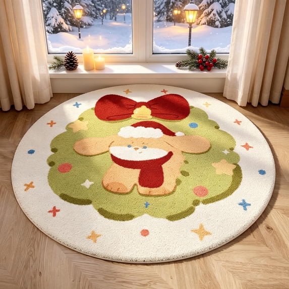 Kumdkdwn Christmas Round Rug Festive Holiday Area Mat with Santa, Snowflakes & Reindeer, Non-Slip Faux Fur Carpet for Living Room Bedroom Entryway Xmas Decor