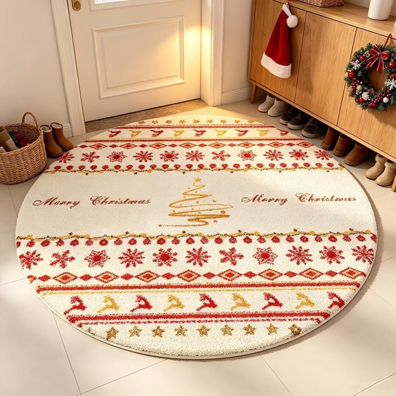 Kumdkdwn Christmas Round Rug Festive Holiday Area Mat with Santa, Snowflakes & Reindeer, Non-Slip Faux Fur Carpet for Living Room Bedroom Entryway Xmas Decor