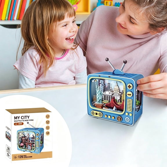 Kumdkdwn DIY Wooden TV Puzzle, Light-Up Architectural Model Building Kit, City Theme, 213 Pcs, LED, Educational STEM Toy, Gift for Teens Adults, Home Desk Decor, 8.1x7.3x2in